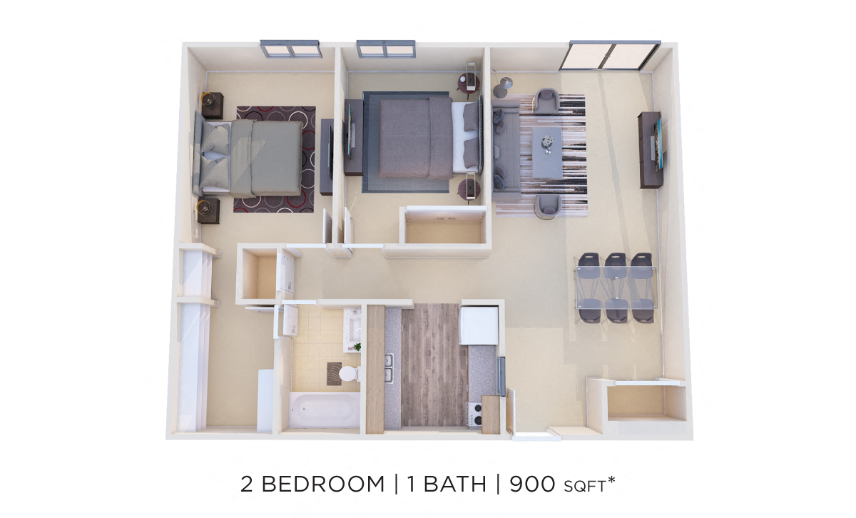 Floor plan for 2 beds, 1 bath, 900 sqft