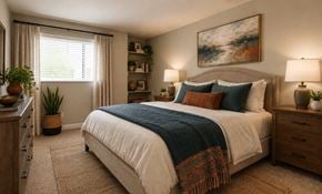 Nashville townhouse for rent - A bedroom with a large bed, a window with curtains, and a painting on the wall.