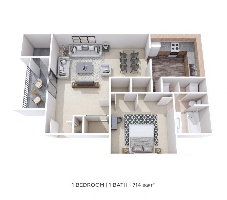 Floor plan for 1 bed, 1 bath, 714 sqft