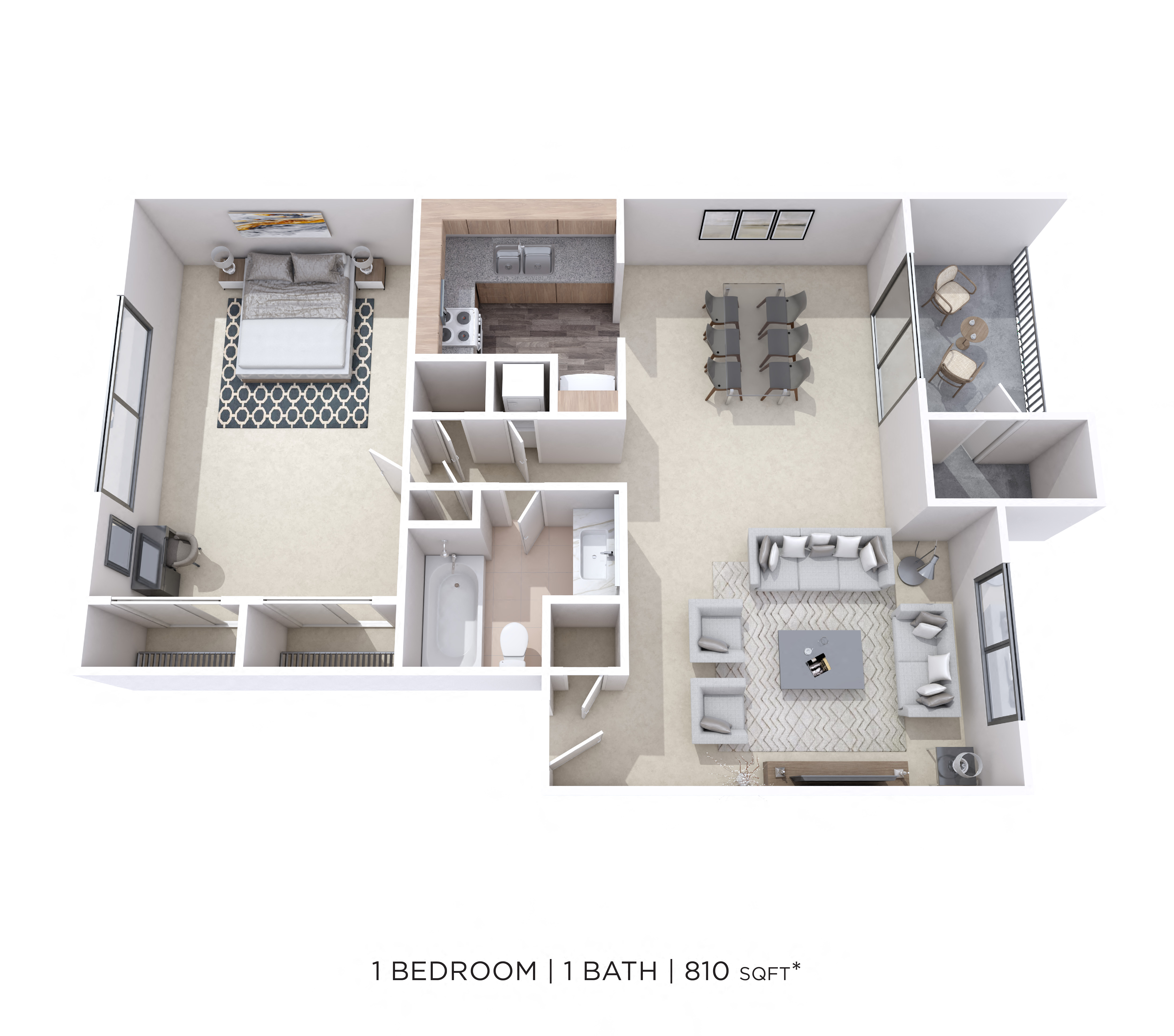Floor plan for 1 bed, 1 bath, 810 sqft