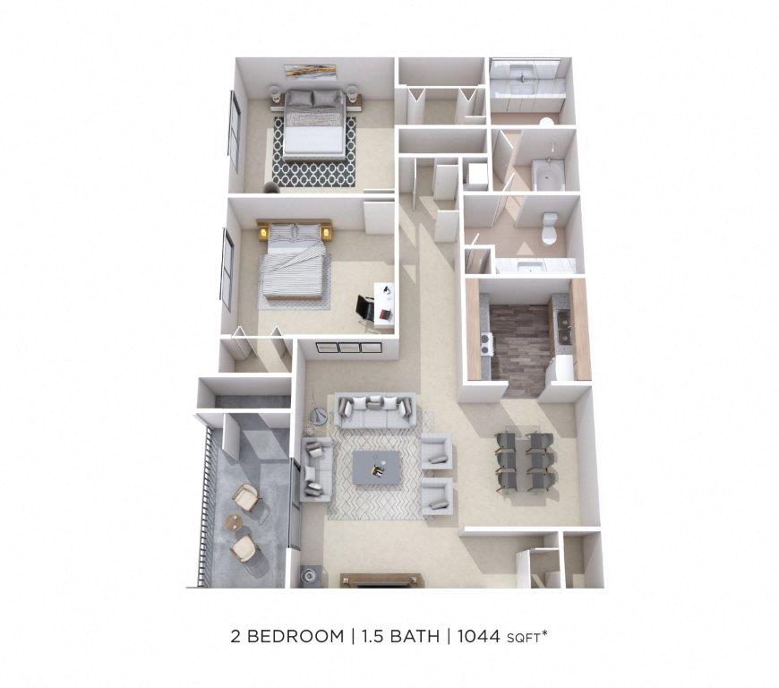 Floor plan for 2 beds, 1.5 baths, 1044 sqft