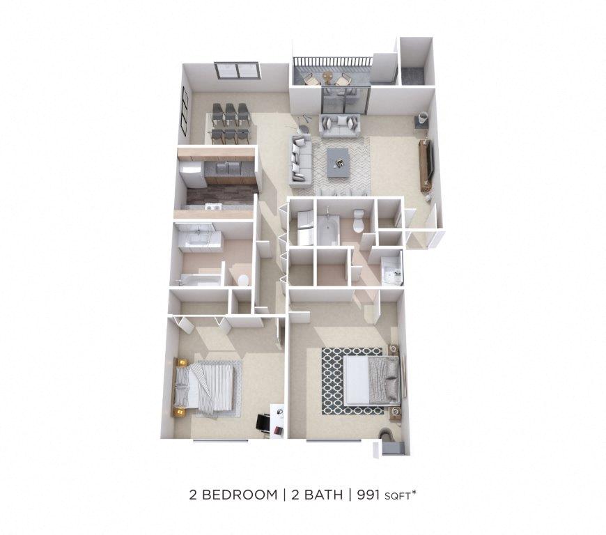 Floor plan for 2 beds, 2 baths, 1152 sqft