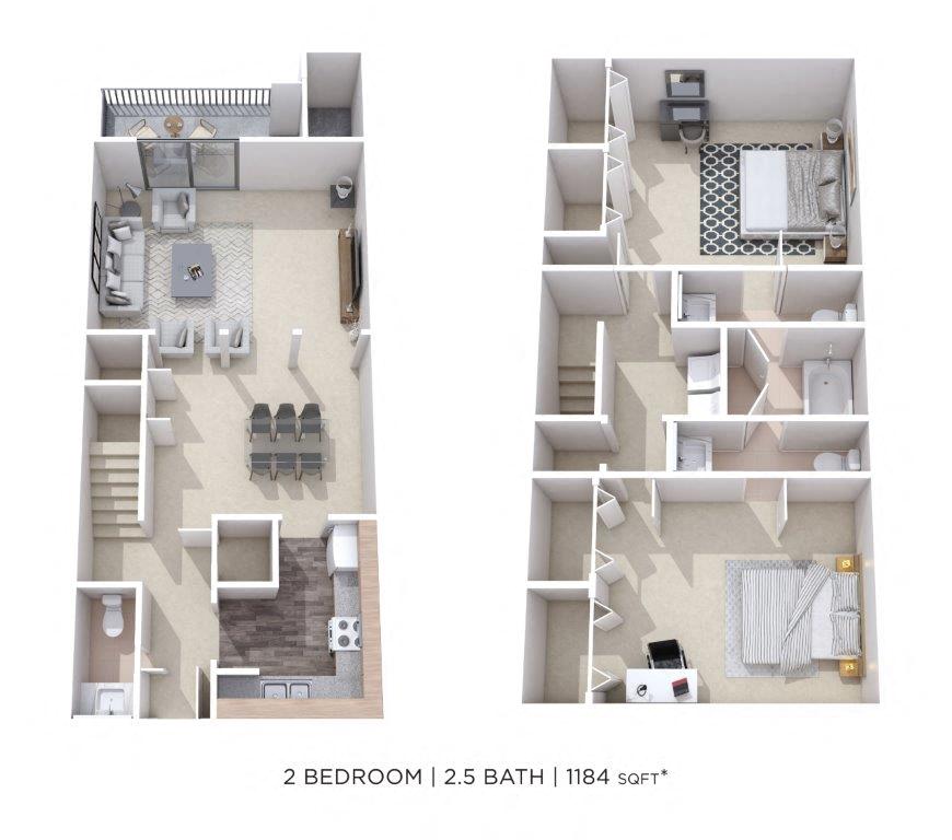 Floor plan for 2 beds, 2.5 baths, 1184 sqft