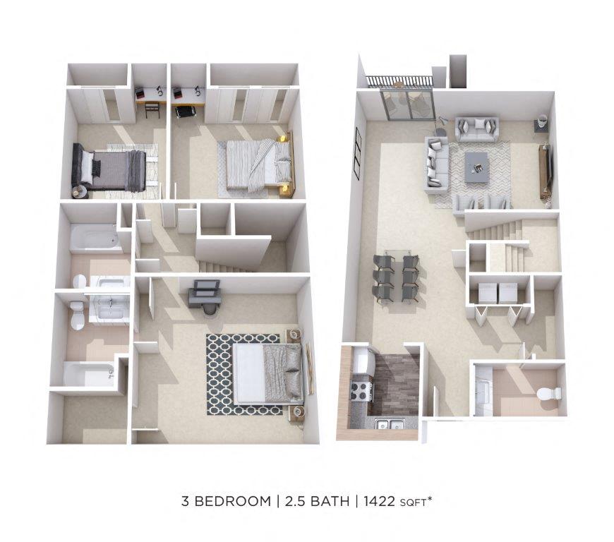 Floor plan for 3 beds, 2.5 baths, 1422 sqft