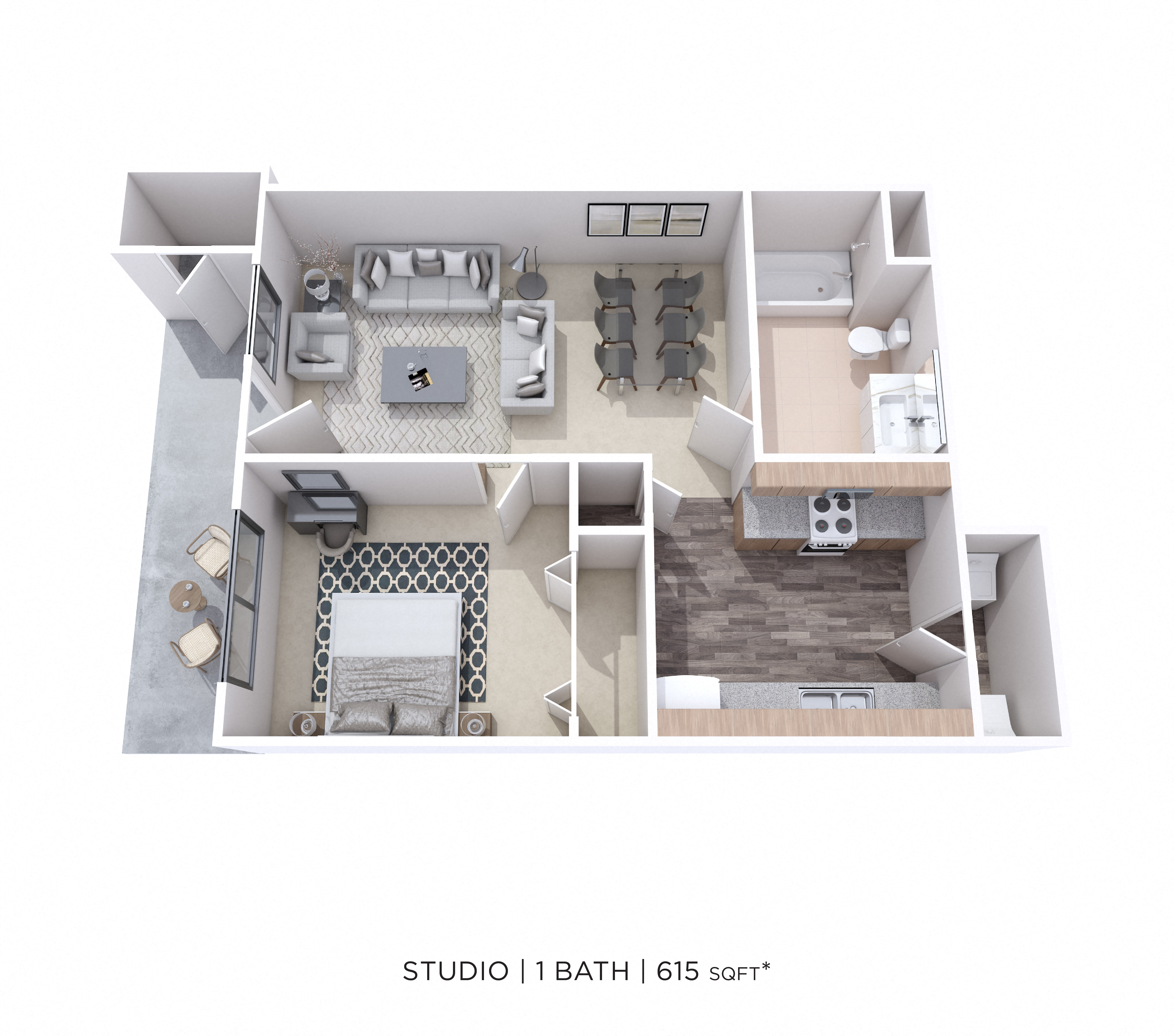 Floor plan for 1 bed, 1 bath, 615 sqft