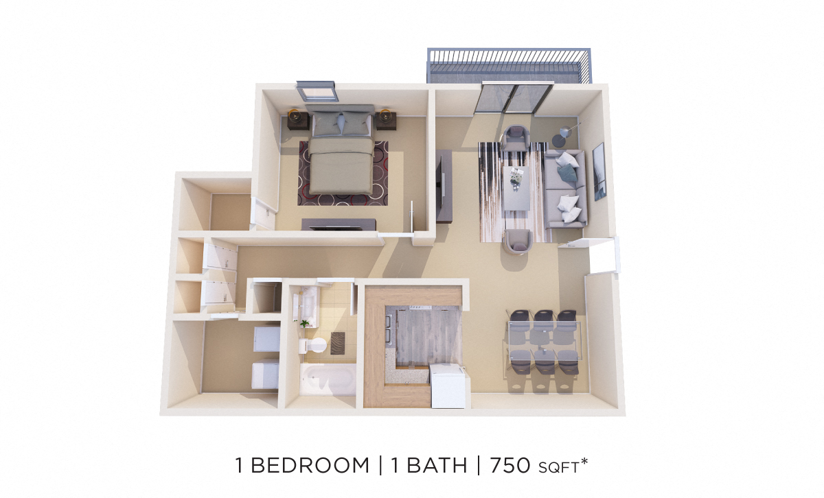 Floor plan for 1 bed, 1 bath, 750 sqft