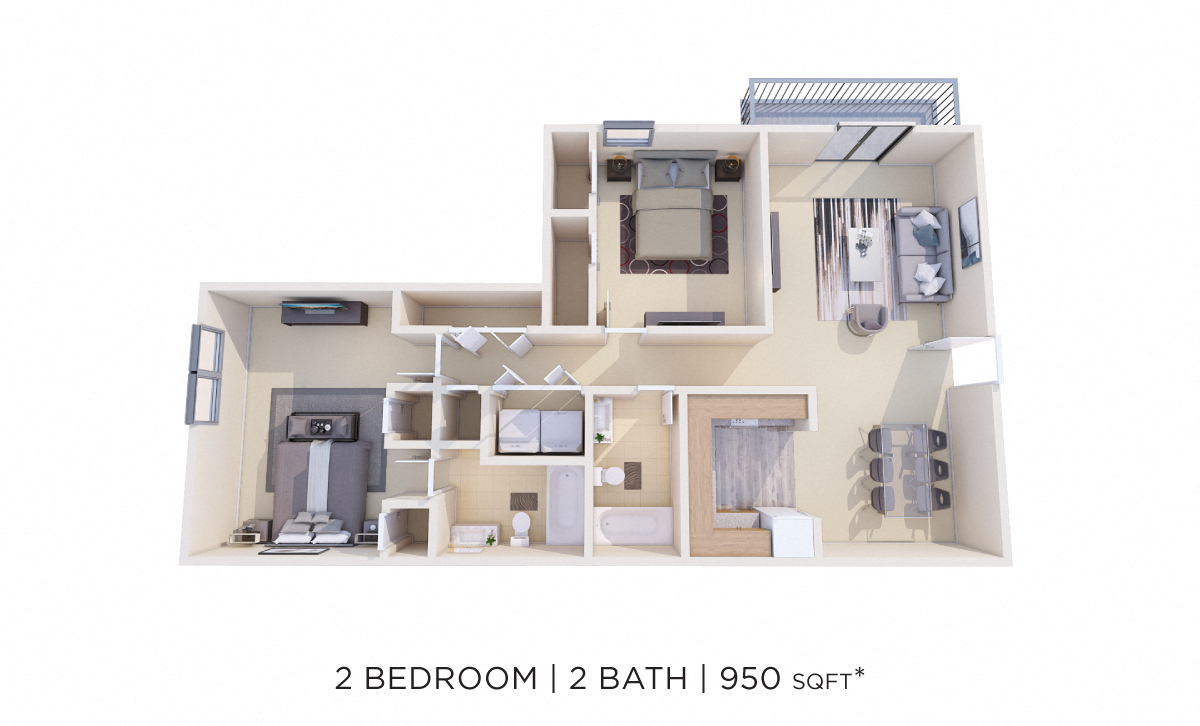 Floor plan for 2 beds, 2 baths, 950 sqft