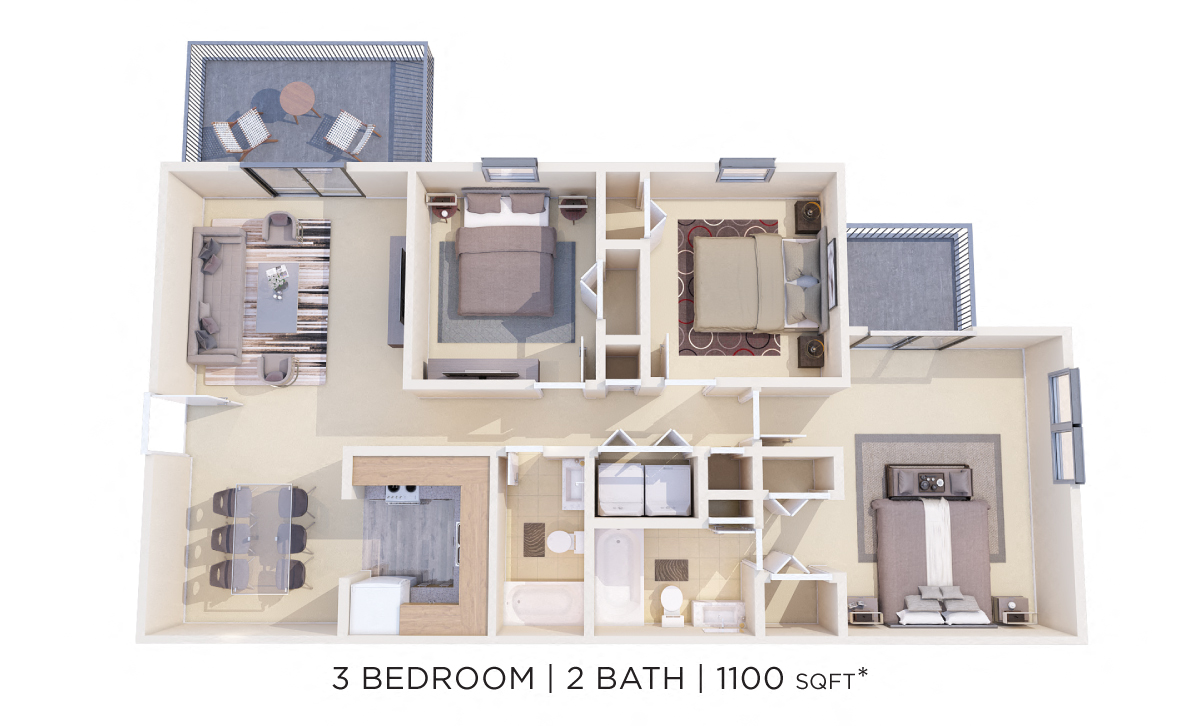 Floor plan for 3 beds, 2 baths, 1100 sqft