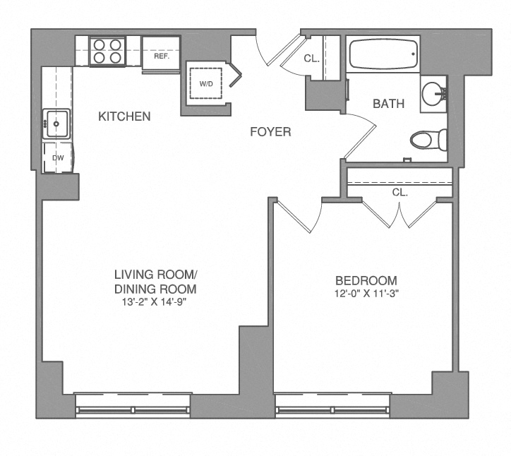Floor plan for 1 bed, 1 bath, 720 sqft