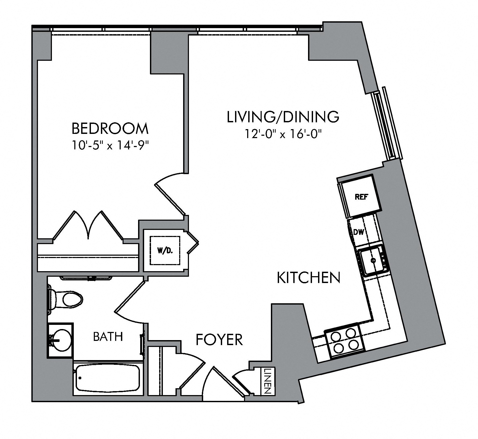 Floor plan for 1 bed, 1 bath, 698 sqft