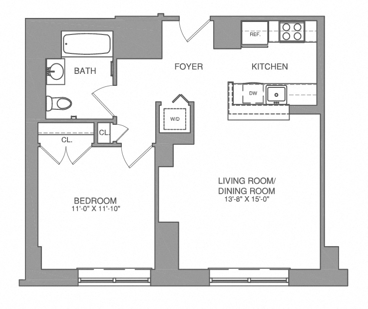 Floor plan for 1 bed, 1 bath, 747 sqft