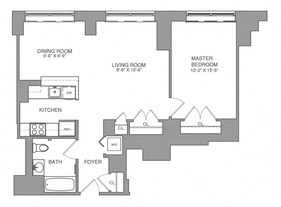 Floor plan for 1 bed, 1 bath, 822 sqft