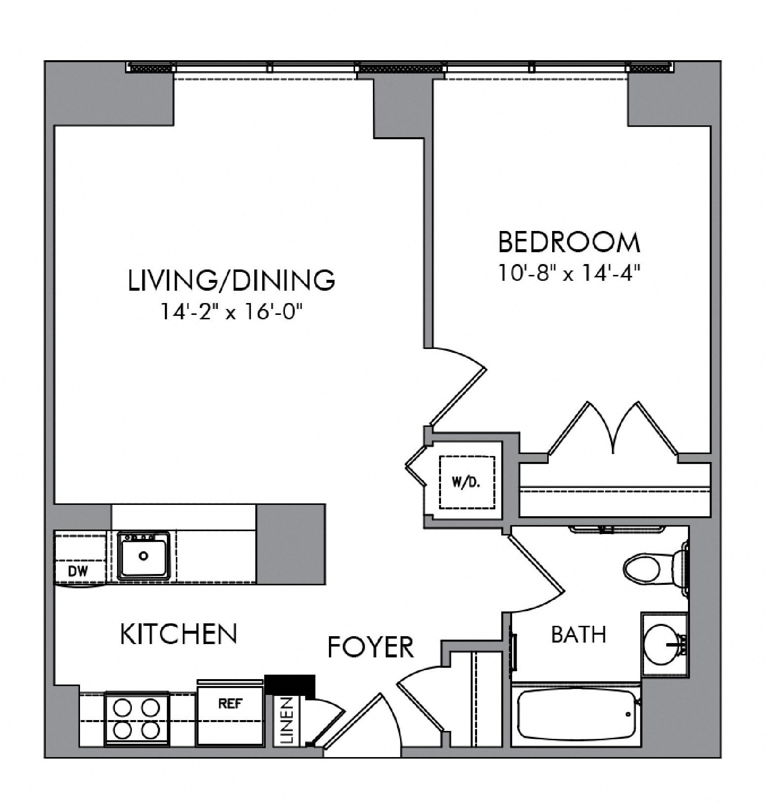 Floor plan for 1 bed, 1 bath, 664 sqft