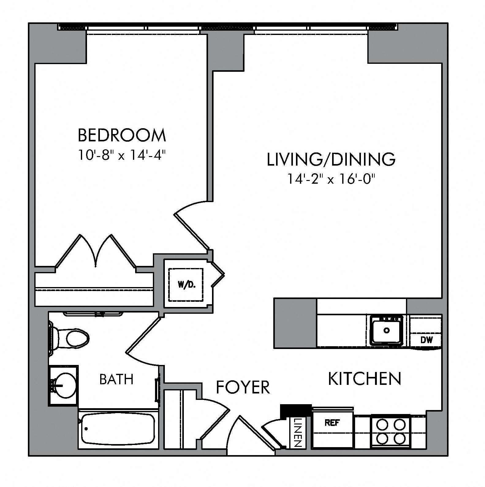 Floor plan for 1 bed, 1 bath, 678 sqft