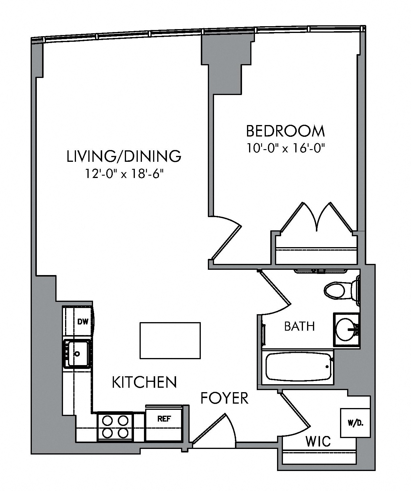Floor plan for 1 bed, 1 bath, 663 sqft