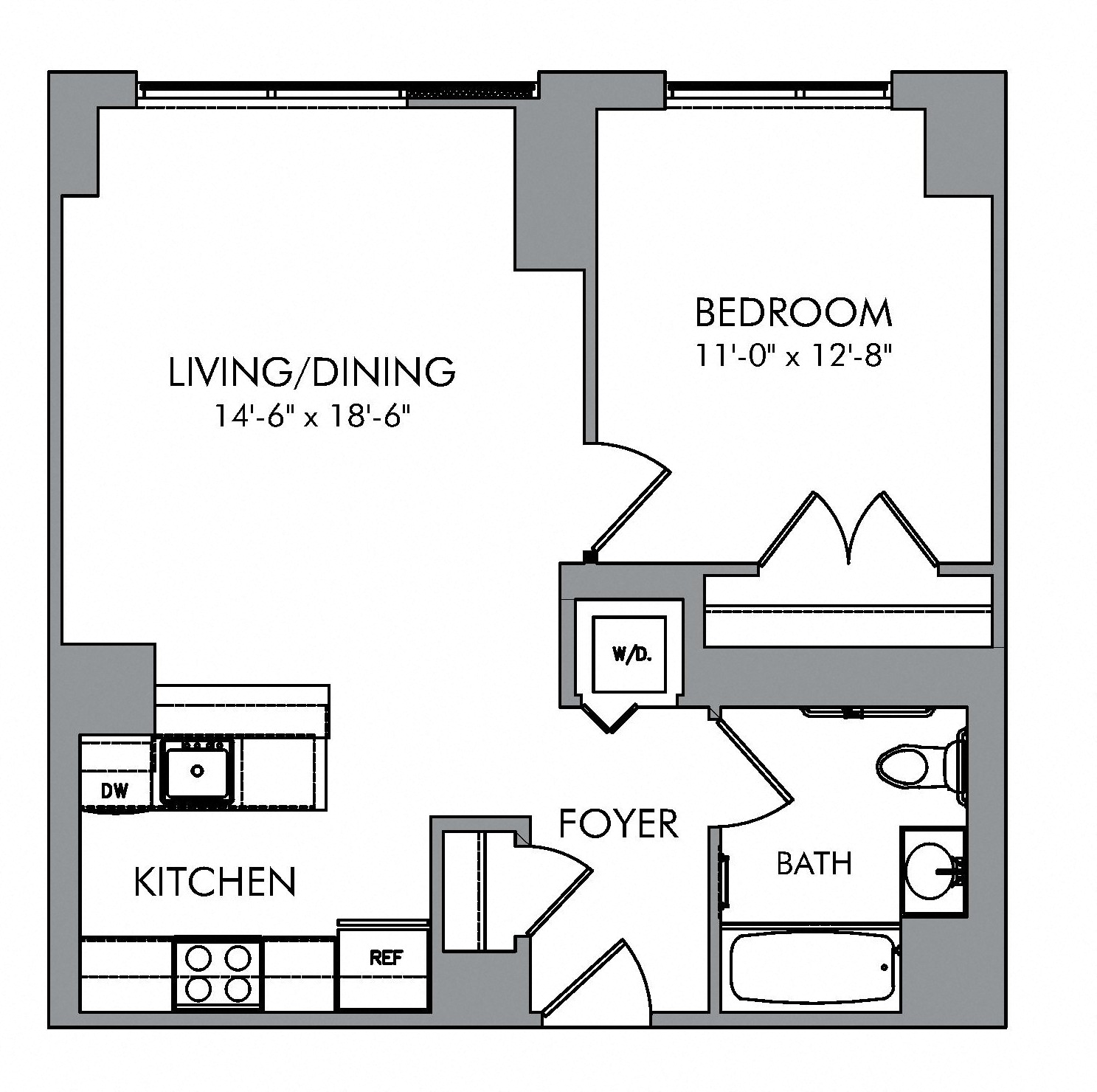 Floor plan for 1 bed, 1 bath, 679 sqft