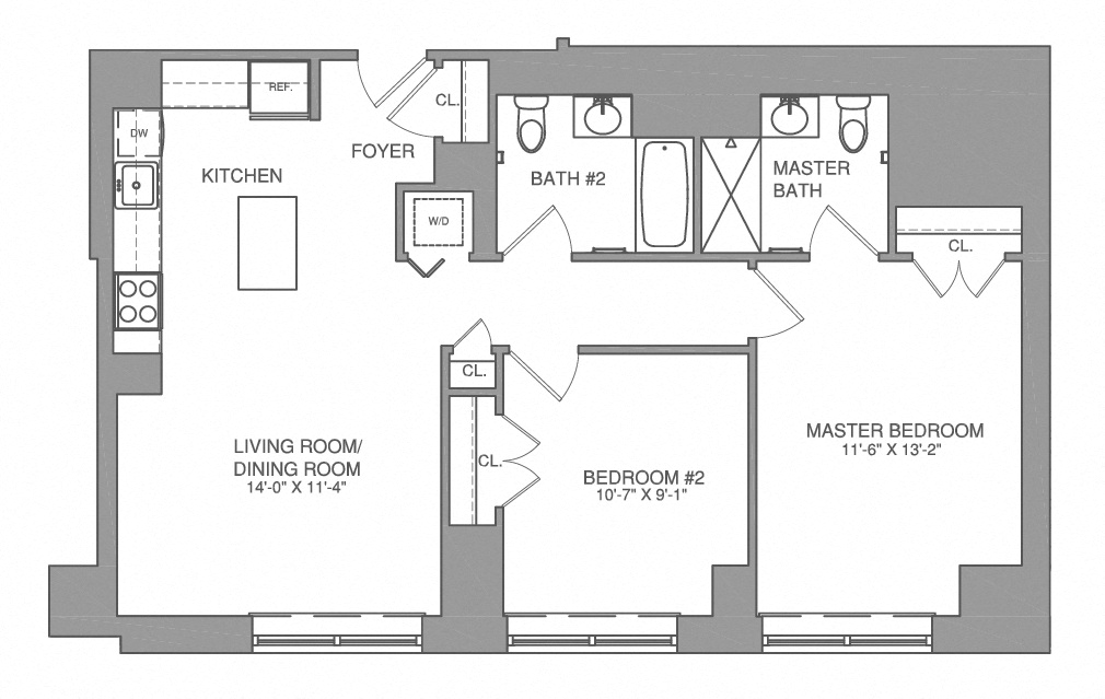 Floor plan for 2 beds, 2 baths, 1064 sqft