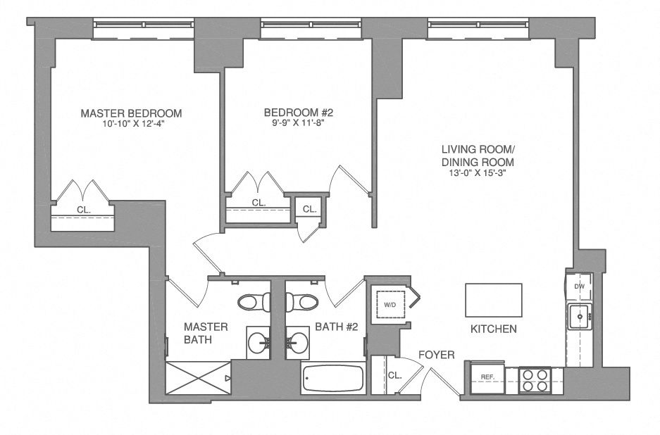 Floor plan for 2 beds, 2 baths, 1081 sqft