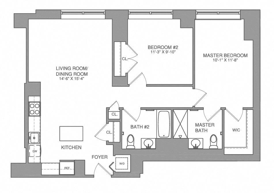 Floor plan for 2 beds, 2 baths, 1103 sqft