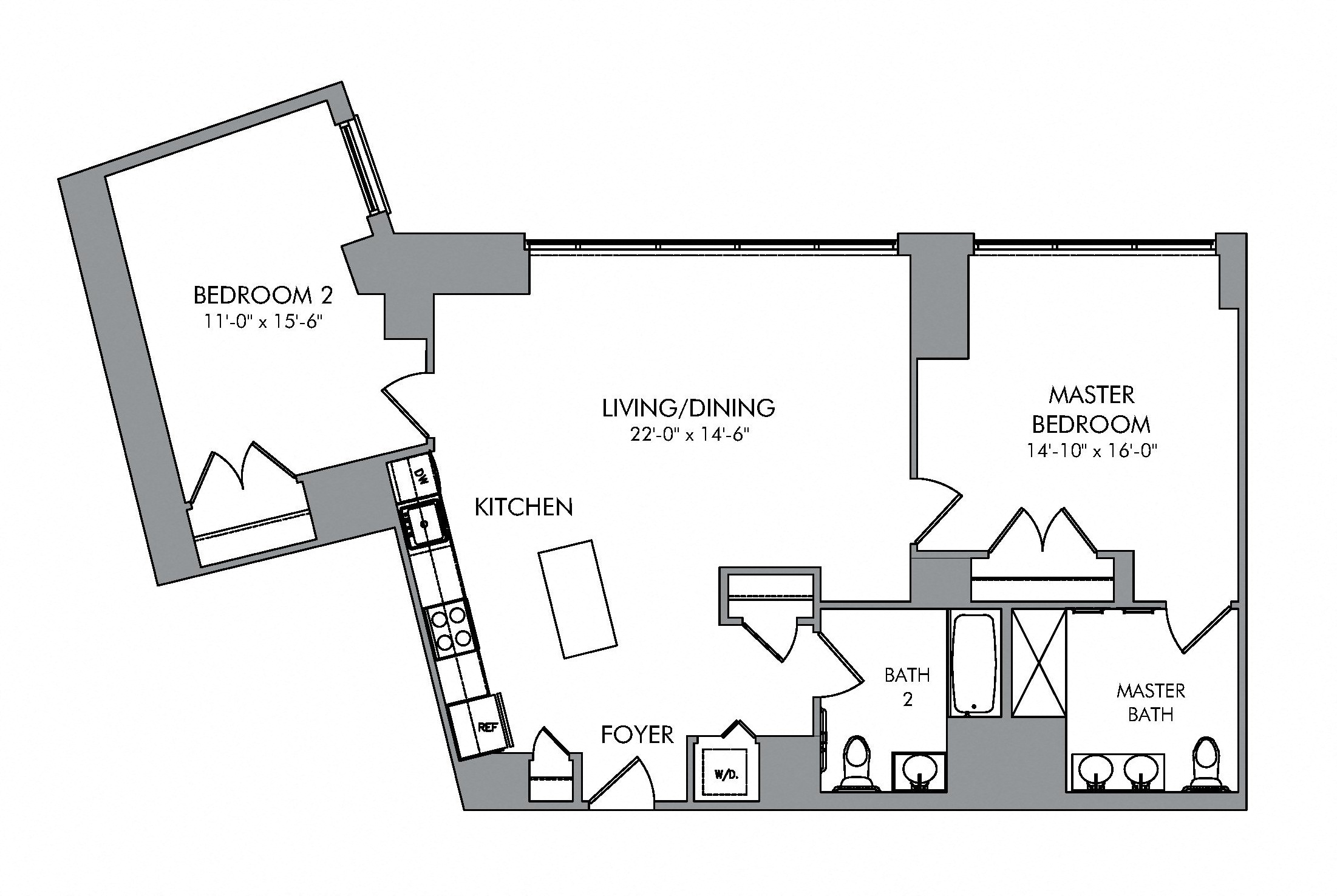 Floor plan for 2 beds, 2 baths, 1296 sqft