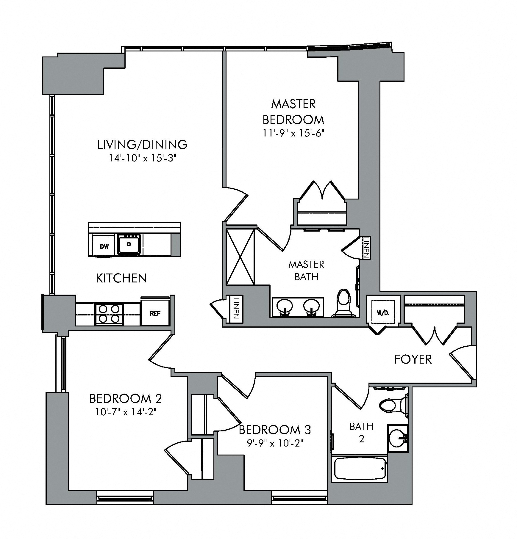 Floor plan for 3 beds, 2 baths, 1282 sqft