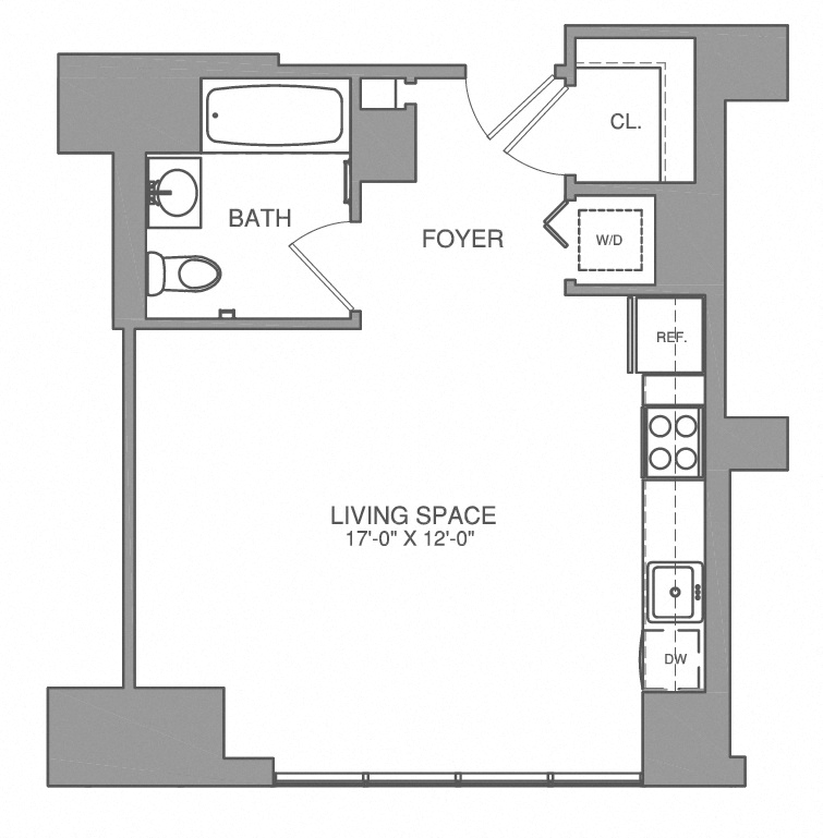 Floor plan for studio, 1 bath, 473 sqft