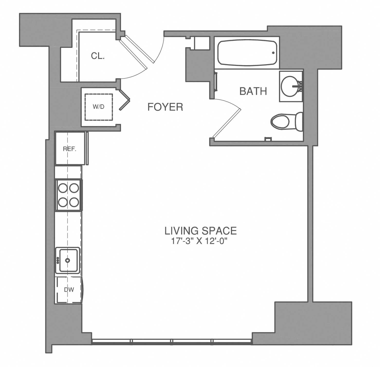 Floor plan for studio, 1 bath, 479 sqft