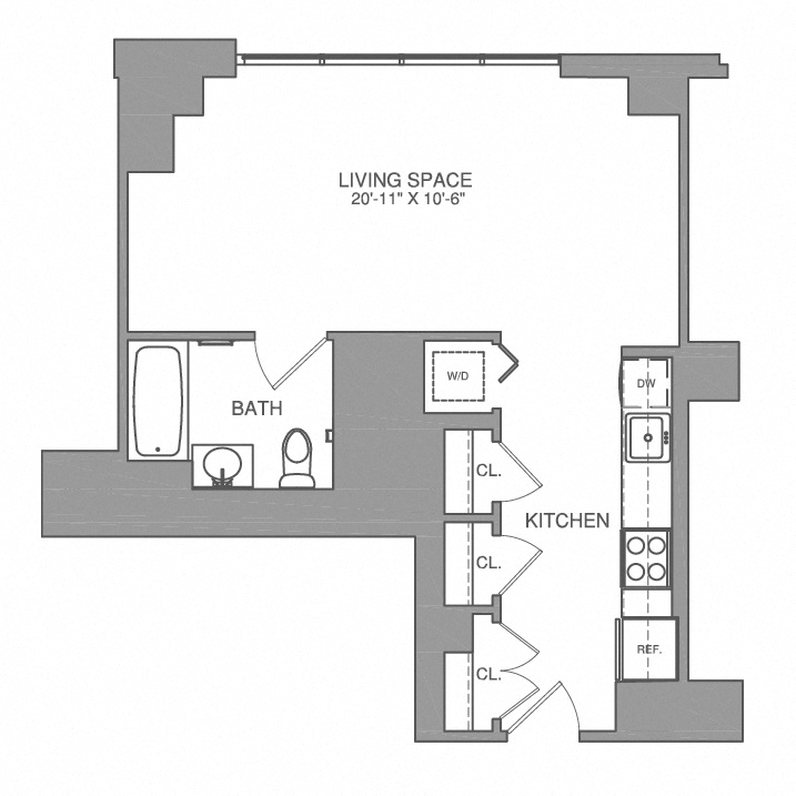 Floor plan for studio, 1 bath, 545 sqft