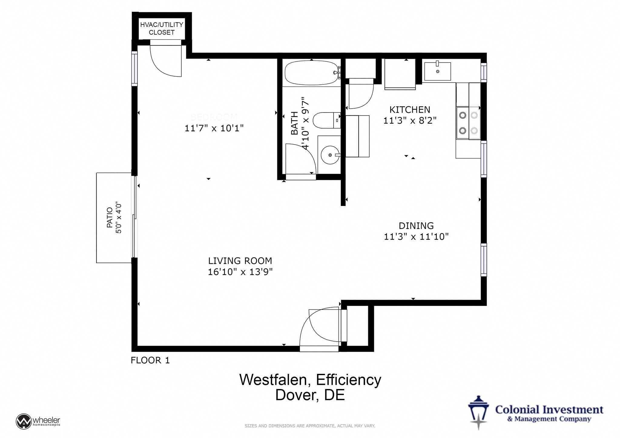 Floor plan for studio, 1 bath, 620 sqft