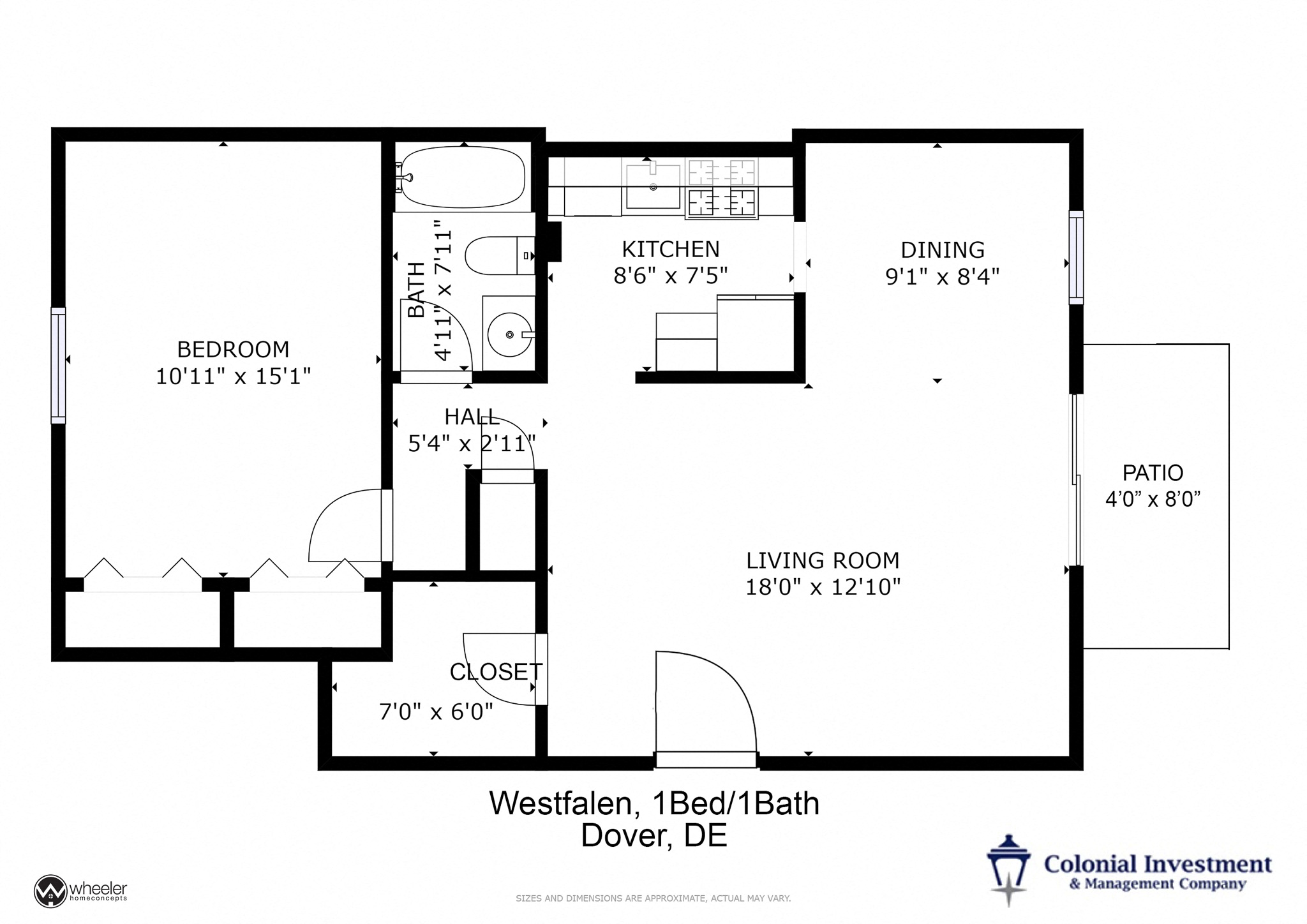 Floor plan for 1 bed, 1 bath, 792 sqft