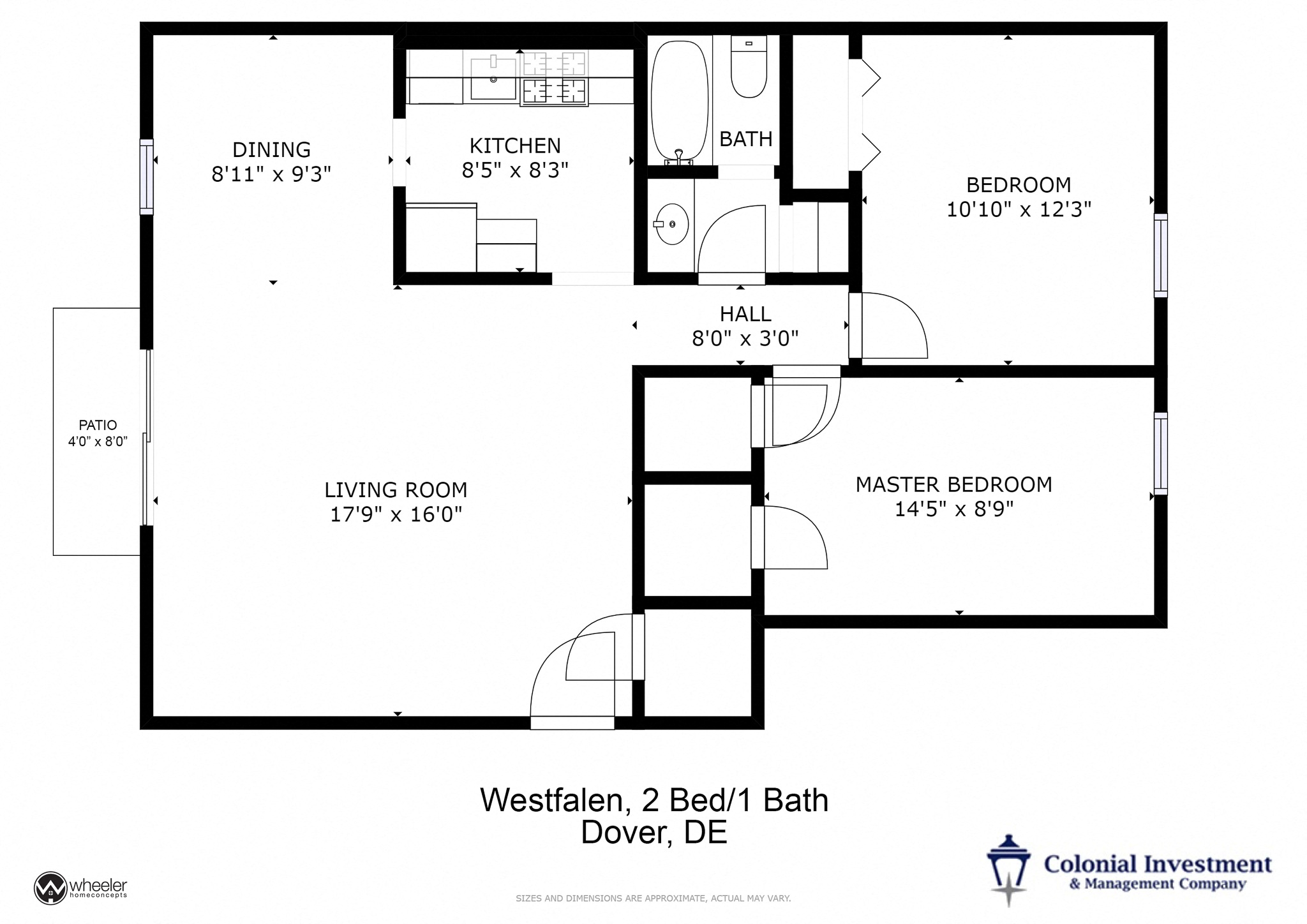 Floor plan for 2 beds, 1 bath, 988 sqft