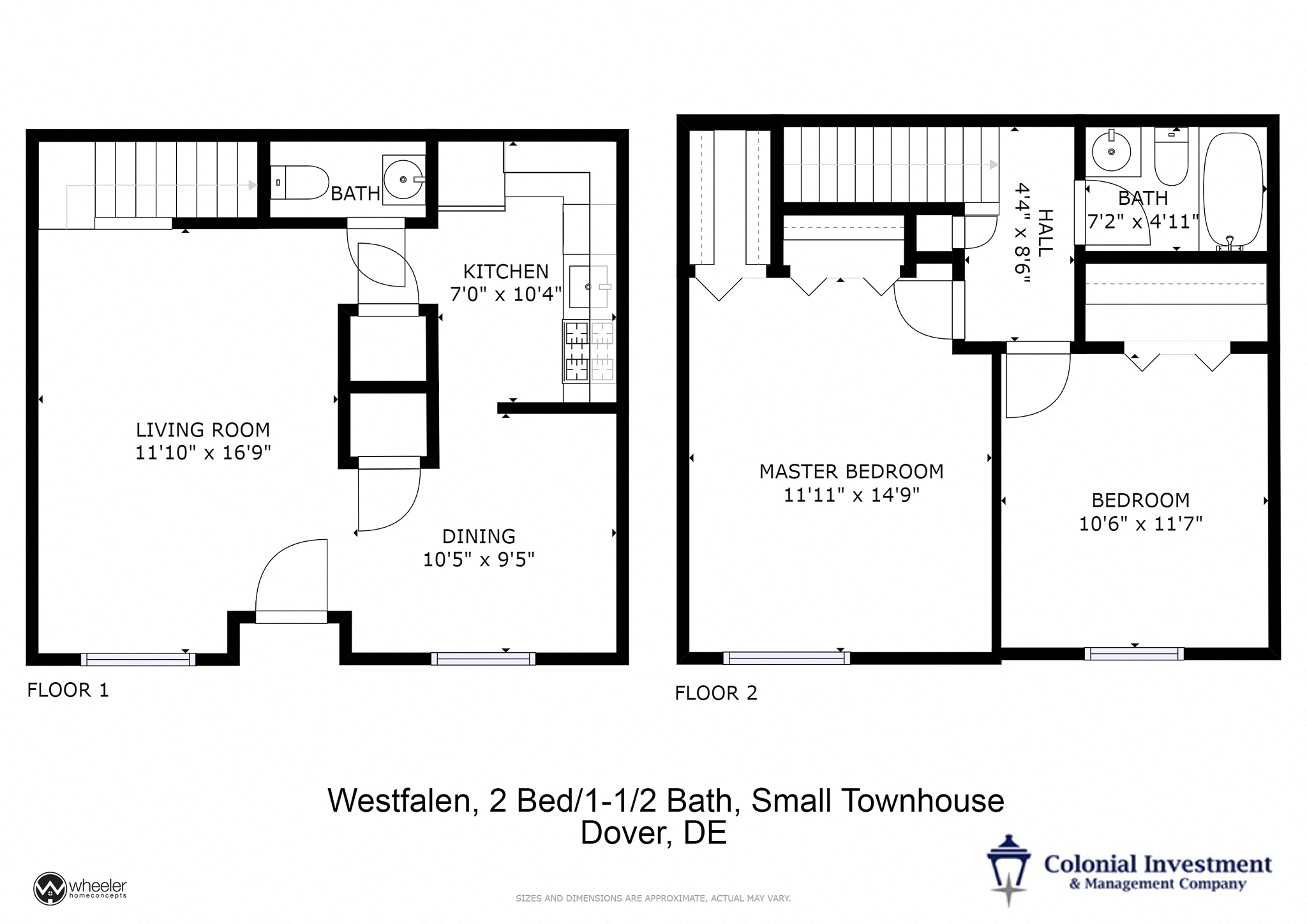 Floor plan for 2 beds, 1.5 baths, 1012 sqft