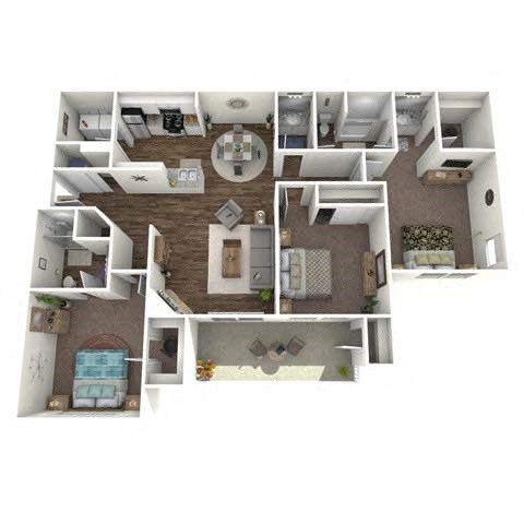 Floor plan for 3 beds, 2 baths, 1274 sqft