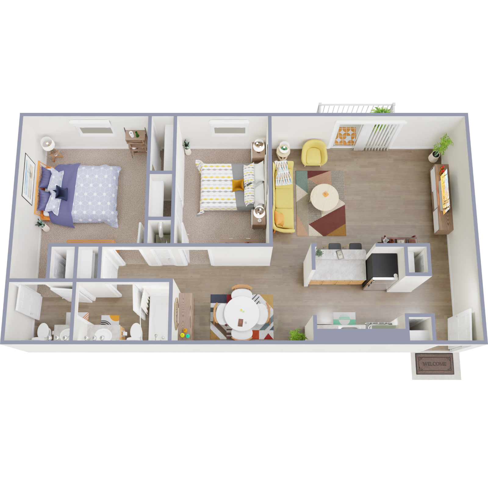 Floor plan for 2 beds, 1.5 baths, 953 sqft
