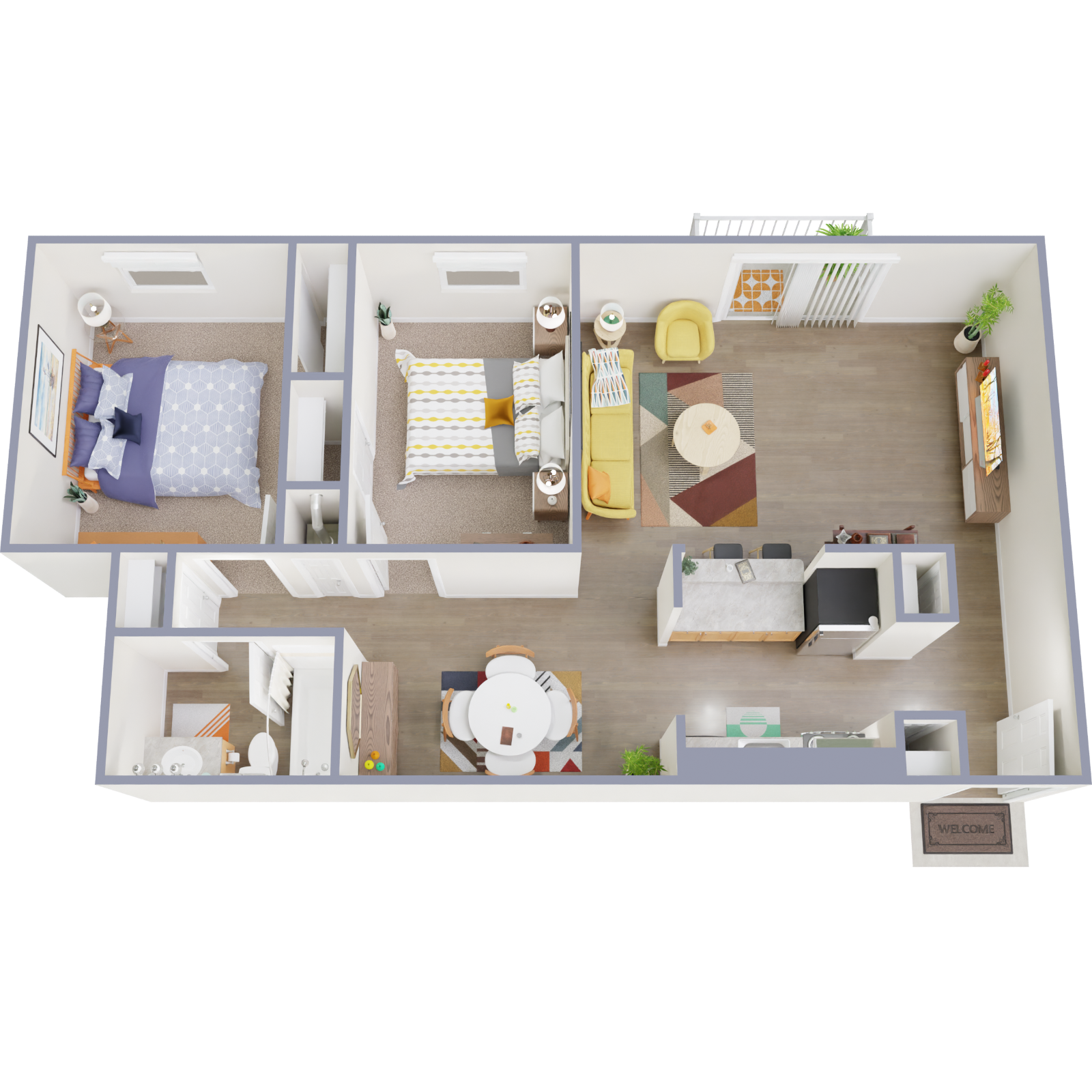 Floor plan for 2 beds, 1 bath, 953 sqft