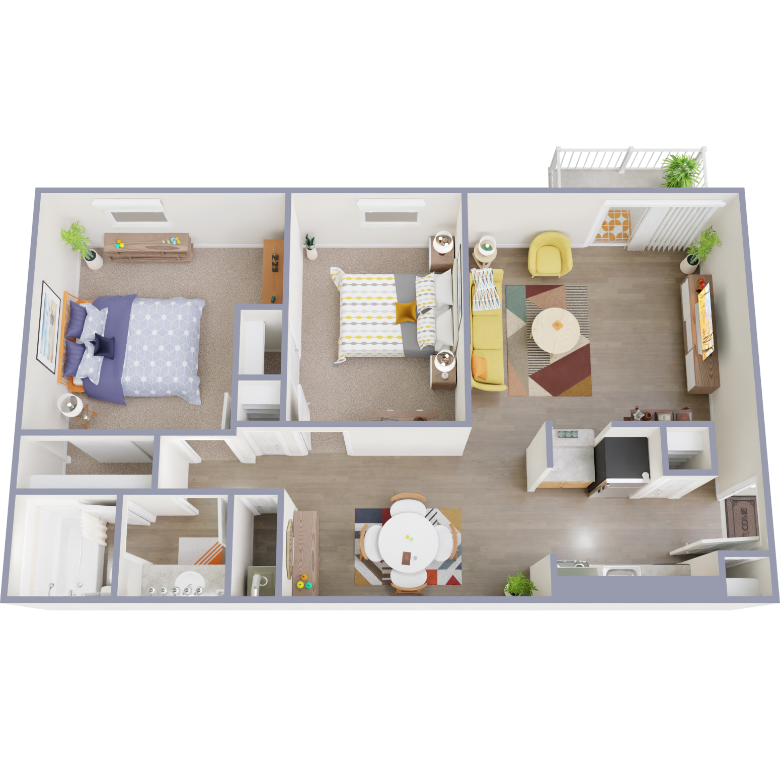 Floor plan for 2 beds, 1 bath, 865 sqft