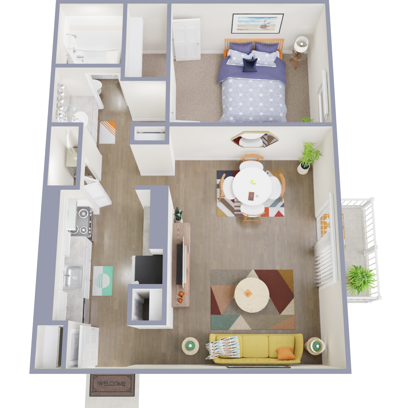 Floor plan for 1 bed, 1 bath, 645 sqft