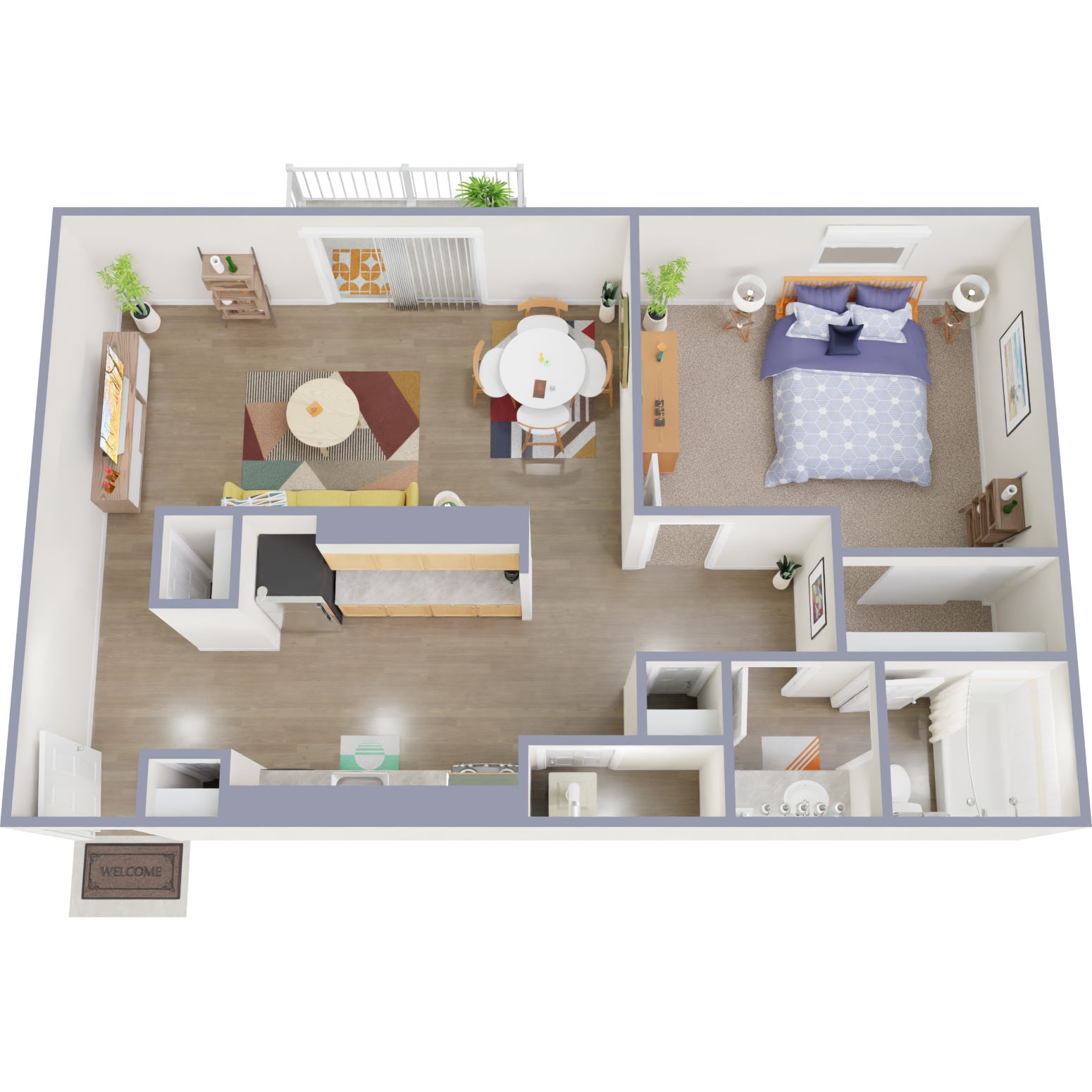 Floor plan for 1 bed, 1 bath, 733 sqft