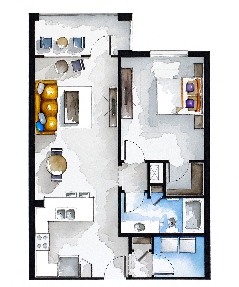 Floor plan for 1 bed, 1 bath, 791 sqft