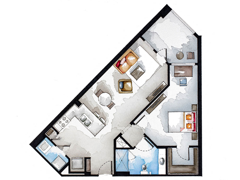 Floor plan for 1 bed, 1 bath, 751 sqft