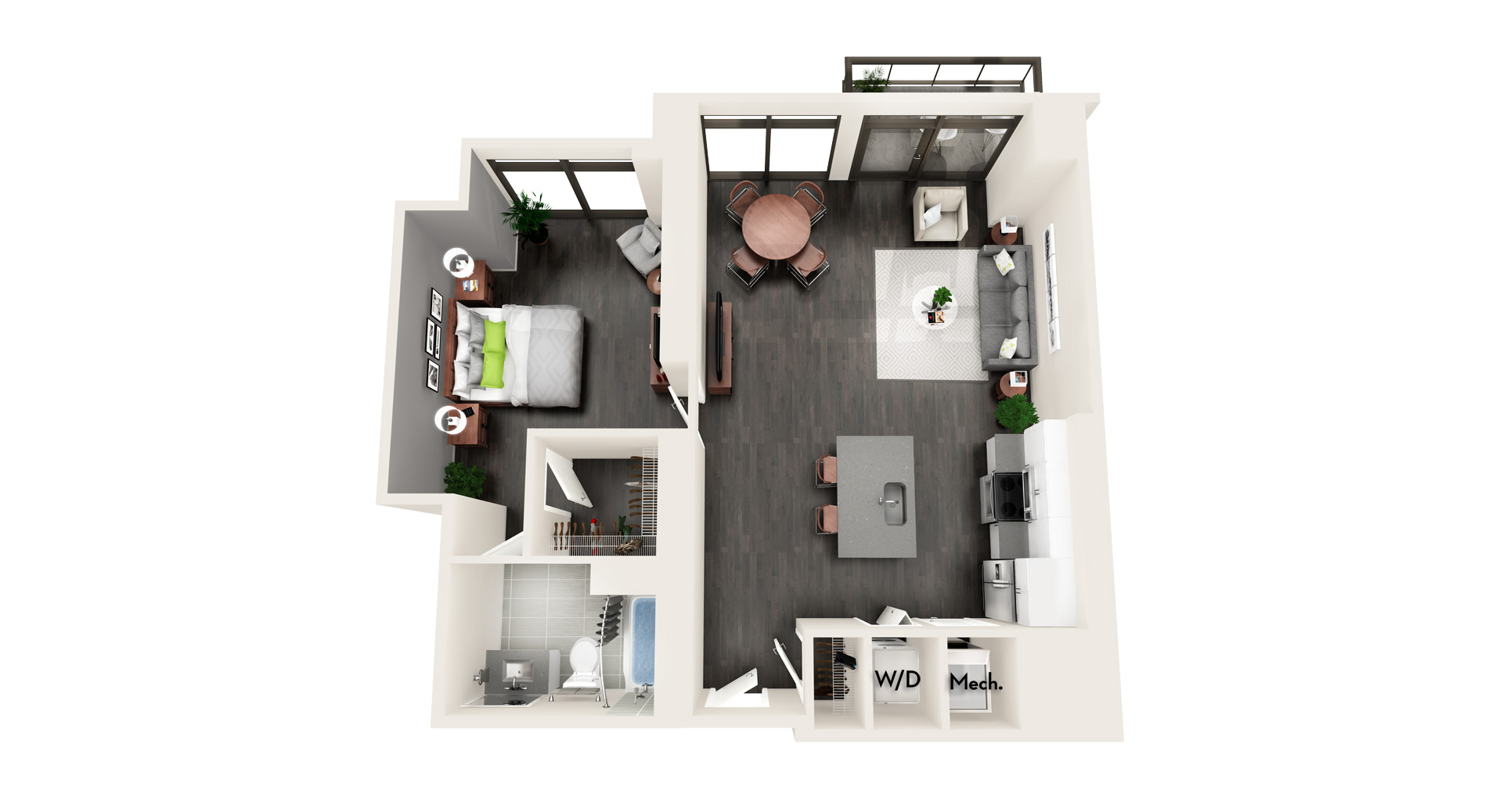 Floor plan for 1 bed, 1 bath, 951 sqft