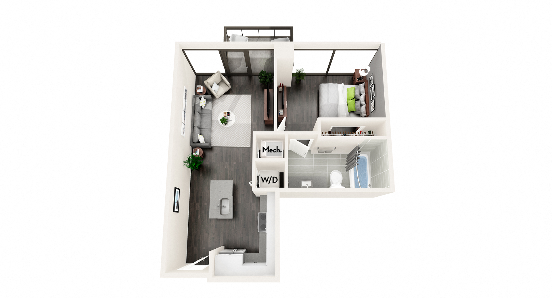 Floor plan for 1 bed, 1 bath, 618 sqft