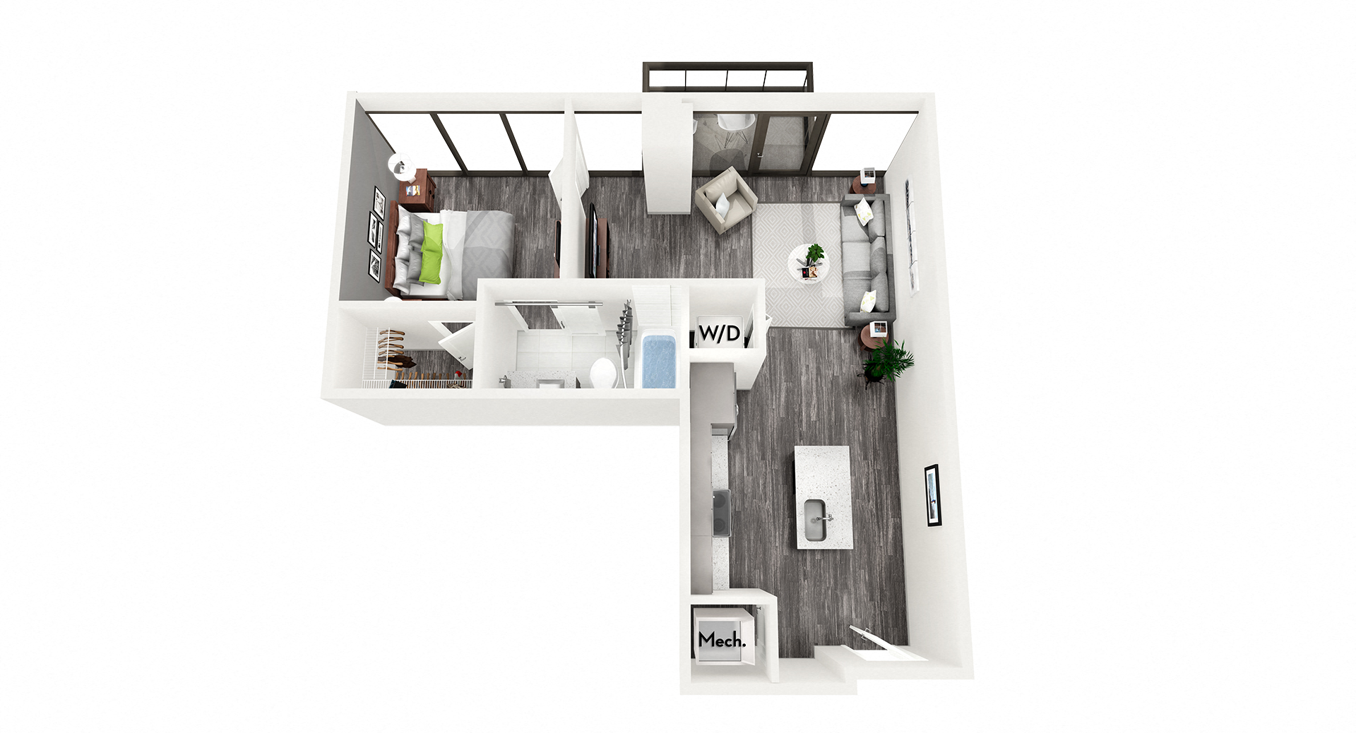 Floor plan for 1 bed, 1 bath, 635 sqft