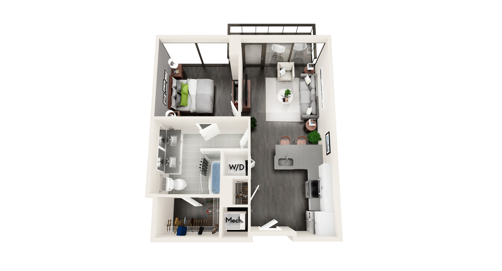 Floor plan for 1 bed, 1 bath, 640 sqft