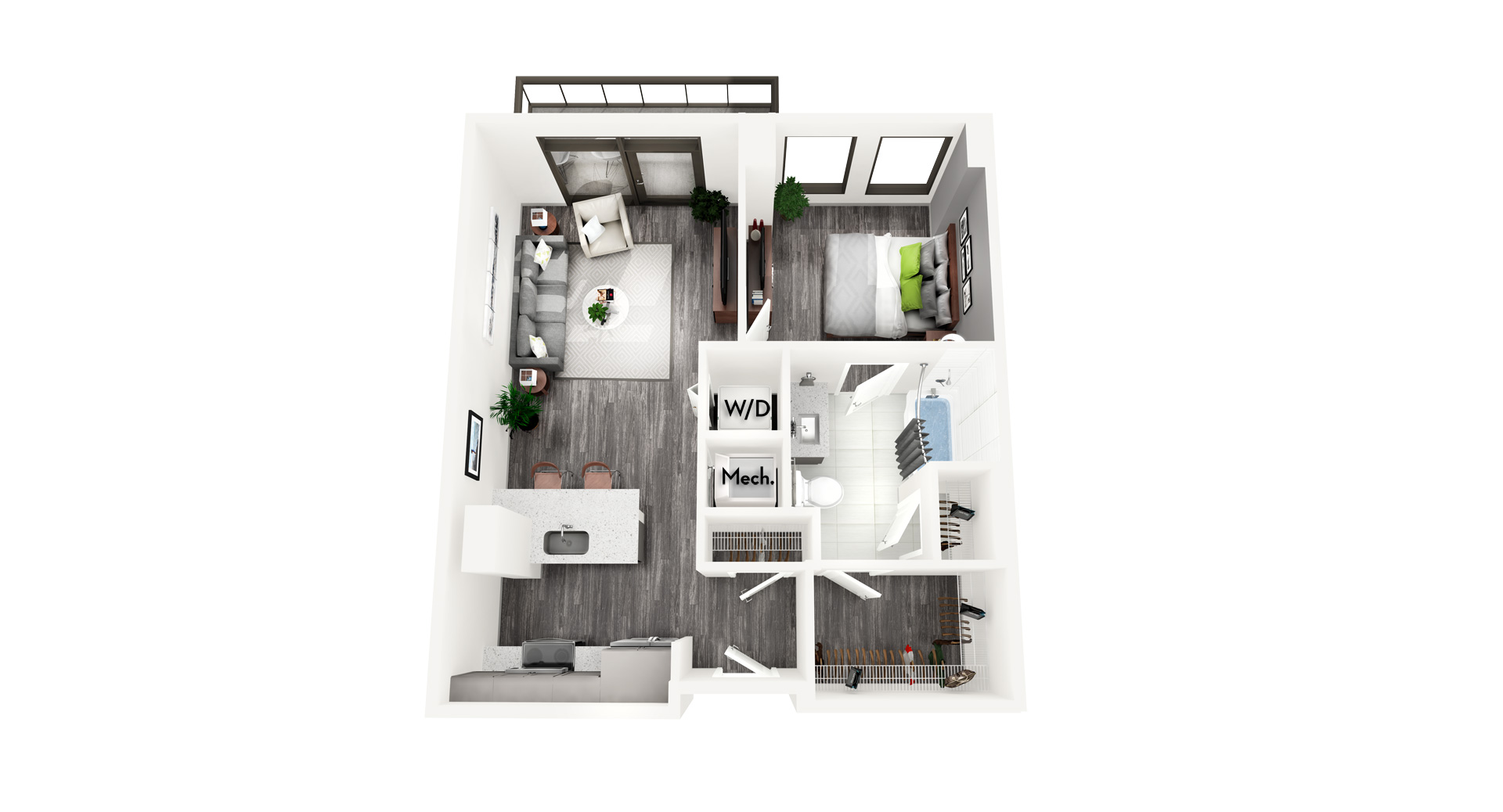 Floor plan for 1 bed, 1 bath, 664 sqft