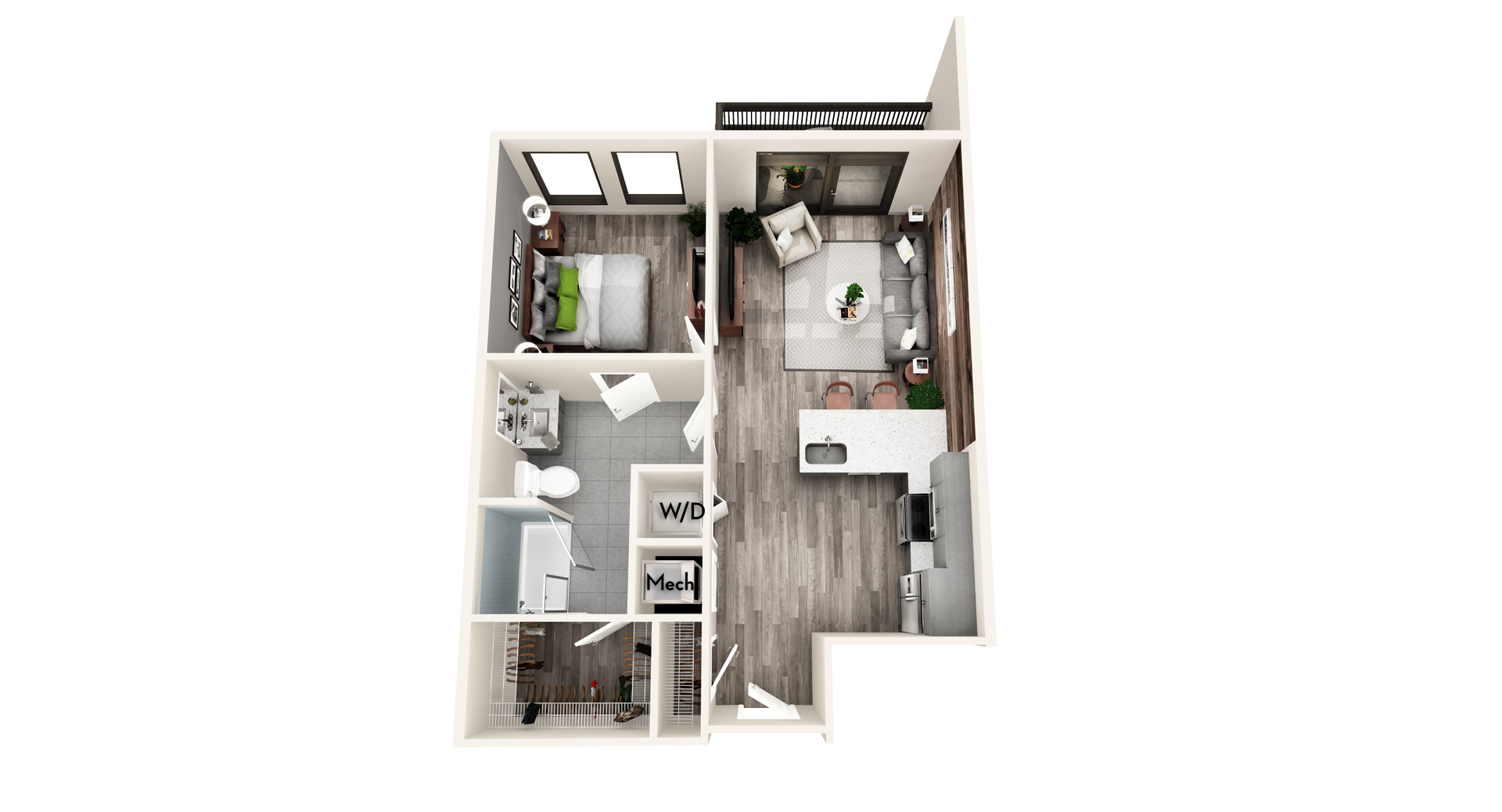Floor plan for 1 bed, 1 bath, 681 sqft