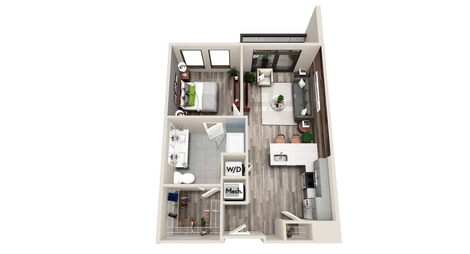 Floor plan for 1 bed, 1 bath, 713 sqft