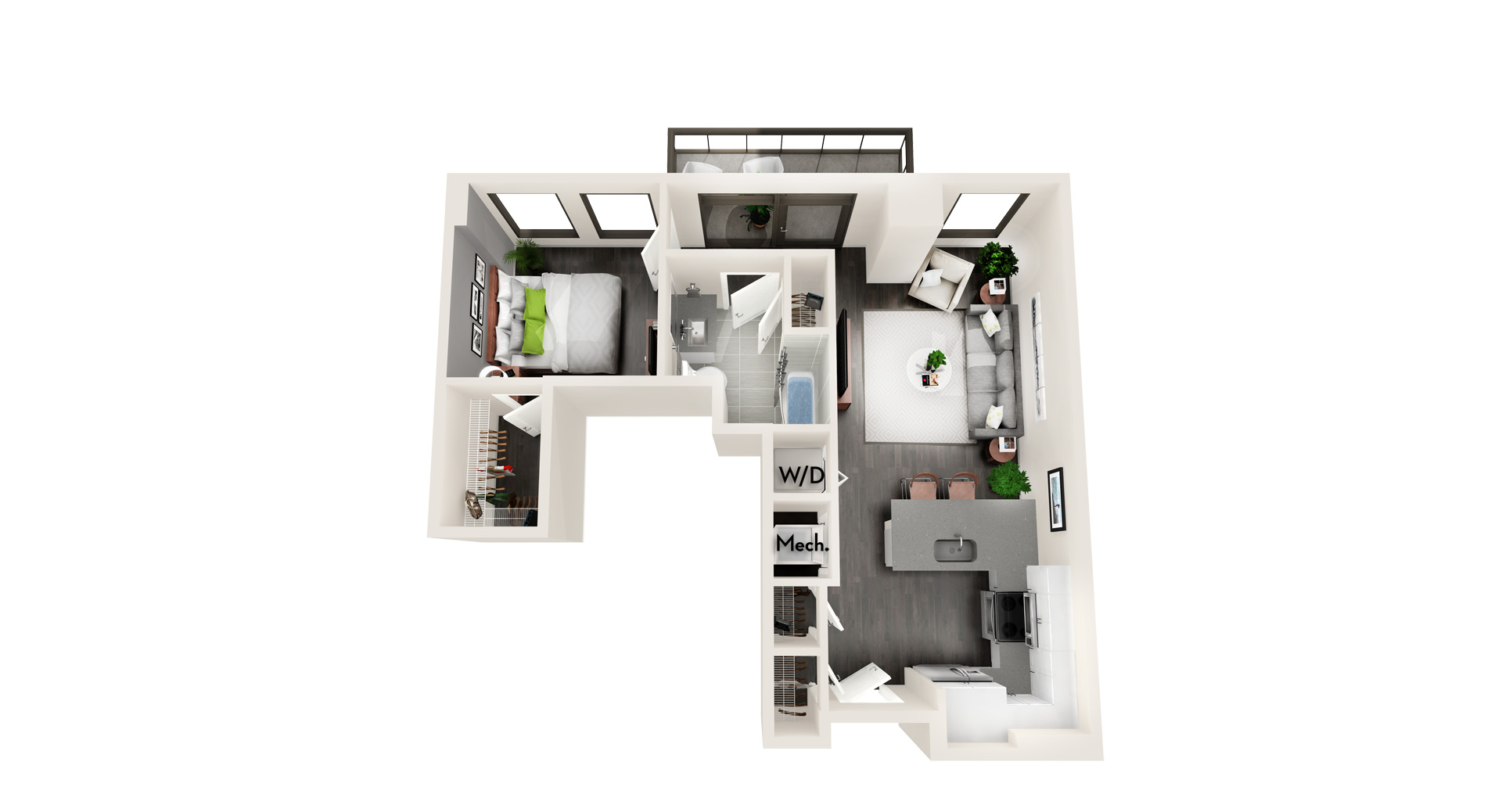 Floor plan for 1 bed, 1 bath, 713 sqft