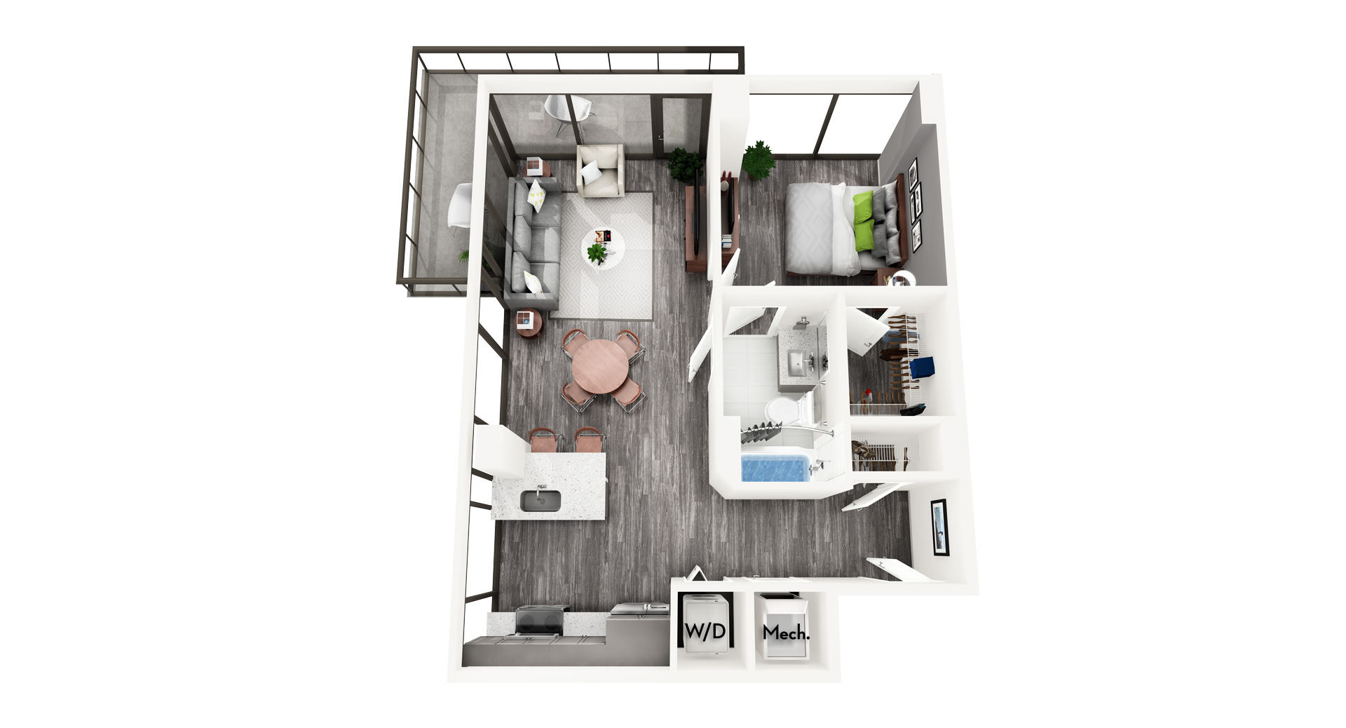 Floor plan for 1 bed, 1 bath, 719 sqft