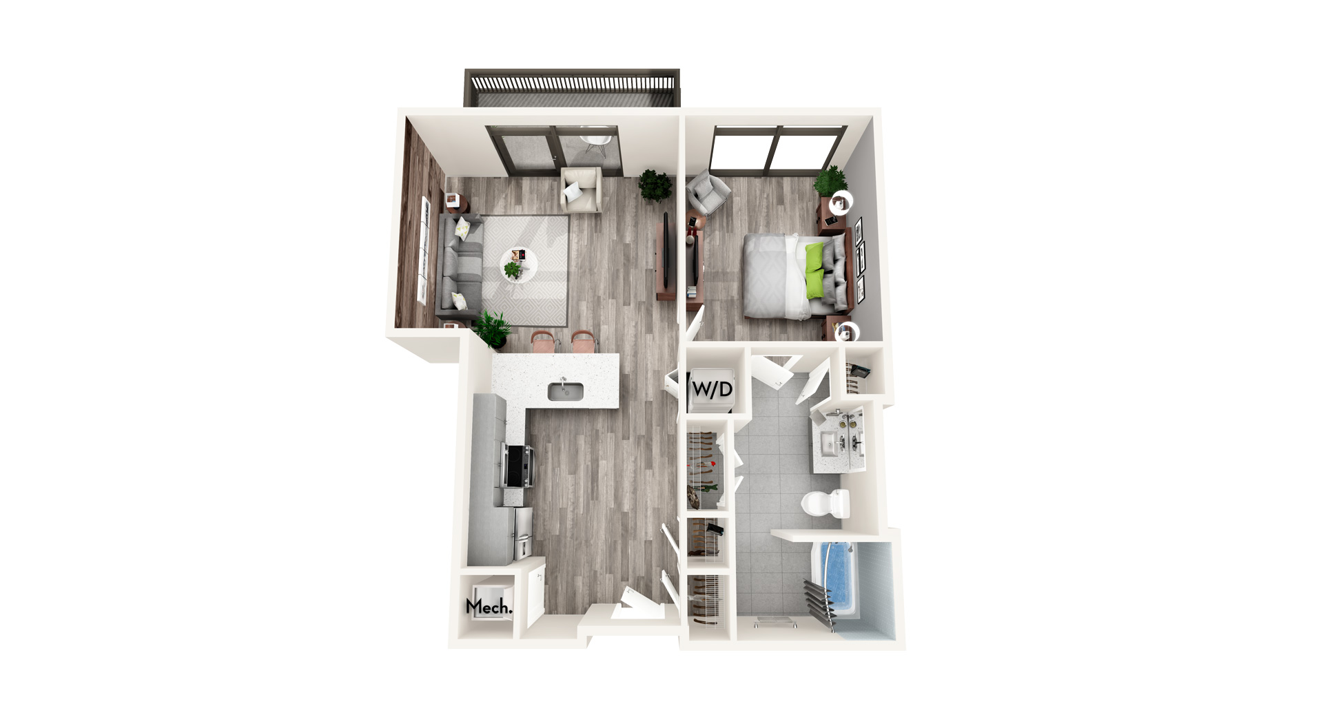 Floor plan for 1 bed, 1 bath, 761 sqft